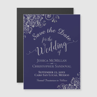 Silver Lace Navy Blue Wedding Save the Date Magnet