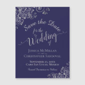 Silver Lace Navy Blue Wedding Save the Date Magnet (Voorkant)