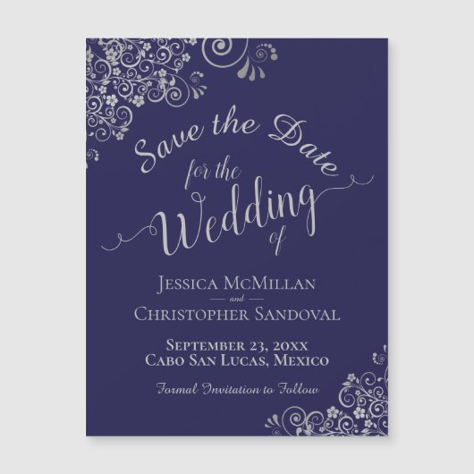 Silver Lace Navy Blue Wedding Save the Date Magnet (Voorkant)