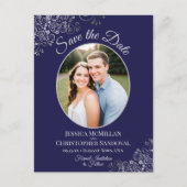 Silver Lace Navy Blue Wedding Save the Date Photo Aankondigingskaart (Voorkant)