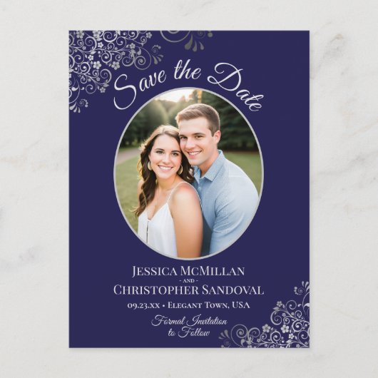 Silver Lace Navy Blue Wedding Save the Date Photo Aankondigingskaart (Voorkant)