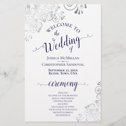Silver Lace Navy on White Budget Wedding Programme (Voorkant)