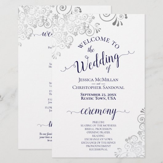 Silver Lace Navy on White Budget Wedding Programme (Voorkant / Achterkant)