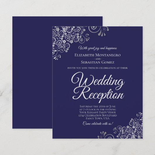 Silver Lace Navy Wedding Reception BUDGET Invite (Voorkant / Achterkant)