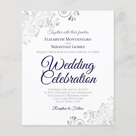Silver Lace Navy & White BUDGET Weduwuitnodiging (Voorkant)