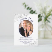 Silver Lace Navy White Wedding Save the Date Photo Aankondigingskaart (Staand voorkant)