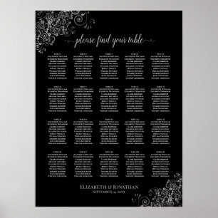 Silver Lace op Black 20 Table Seating Chart Poster