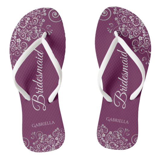 Silver Lace op Cassis Paars Bridesmaid Weddenschap Teenslippers (Voetbed)