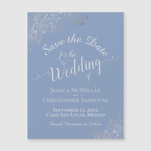 Silver Lace op Dusty Blue Save the Date Magnet (Voorkant)