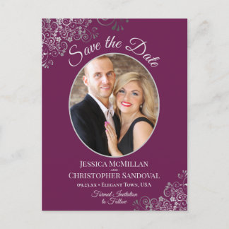 Silver Lace op Magenta Wedding Save the Date Photo Aankondigingskaart