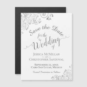 Silver Lace op White Wedding Save the Date Magnet