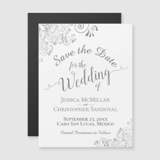 Silver Lace op White Wedding Save the Date Magnet