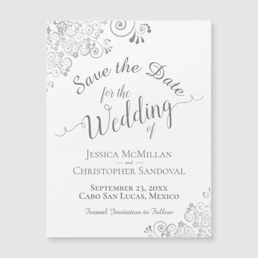 Silver Lace op White Wedding Save the Date Magnet (Voorkant)