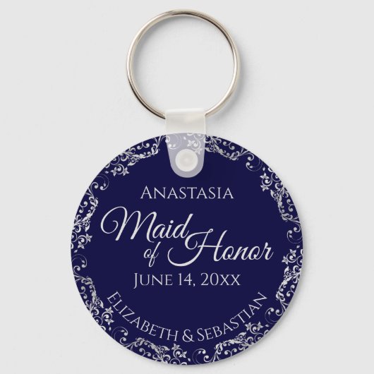 Silver Lace over Navy Blue Maid of Honor Wedding Sleutelhanger (Voorkant)
