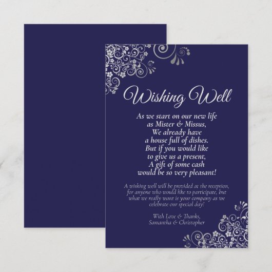 Silver Lace over Navy Blue Wedding Wishing Well Po Informatiekaartje (Voorkant / Achterkant)