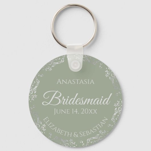 Silver Lace over Sage Green Bridesmaid Weddenschap Sleutelhanger (Voorkant)