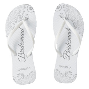 Silver Lace over White Elegant Bridesmaid Wedding Teenslippers