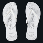 Silver Lace over White Elegant The Bride Wedding Teenslippers<br><div class="desc">Dans de nacht weg met deze mooie trouwteenslippers. Ontworpen voor de bruid, kenmerken zij een eenvoudig maar elegant ontwerp met grijs manuscript dat op een witte achtergrond en fancy zilveren grijze lace krullen en draaien tekent. Mooie manier om fancy en geschikt te blijven terwijl je voeten na een lange dag...</div>