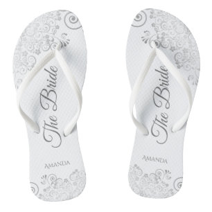 Silver Lace over White Elegant The Bride Wedding Teenslippers