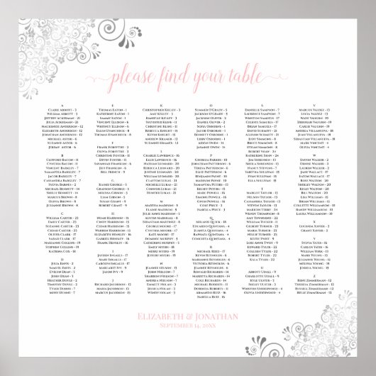 Silver Lace Pink Script Alfabetical Seating Chart Poster (Voorkant)