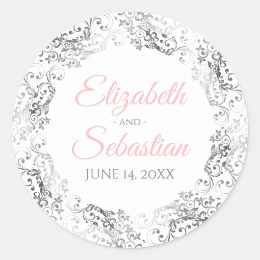 Silver Lace & Pink Script Elegant White Wedding Ronde Sticker (Voorkant)