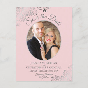 Silver Lace Pink Weddenschap Save the Date Oval Ph Aankondigingskaart