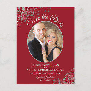 Silver Lace & Red Wedding Save the Date Oval Photo Aankondigingskaart