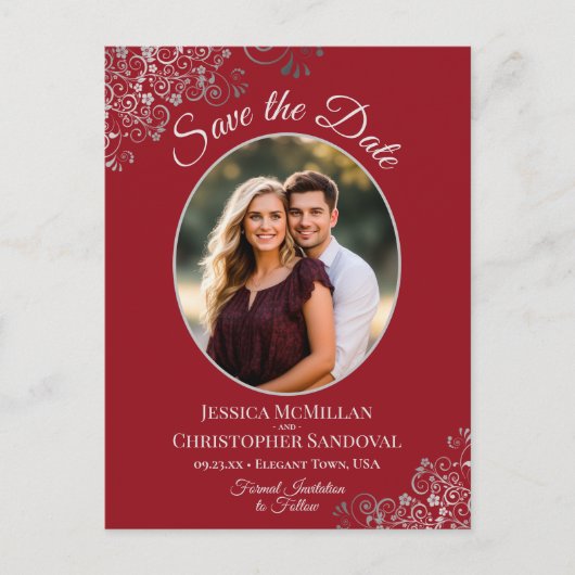 Silver Lace & Red Wedding Save the Date Oval Photo Aankondigingskaart (Voorkant)