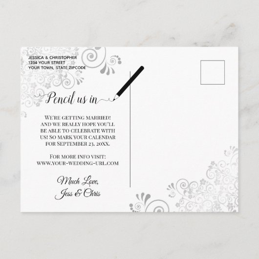 Silver Lace Roos White Weddenschap Save the Date P Aankondigingskaart (Achterkant)