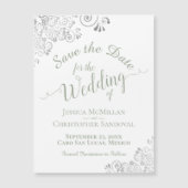 Silver Lace Sage Green Save the Date White Magnet (Voorkant)