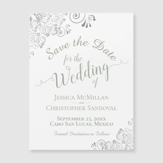Silver Lace Sage Green Save the Date White Magnet (Voorkant)