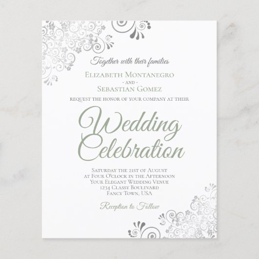 Silver Lace Sage & White BUDGET Weduwuitnodiging (Voorkant)