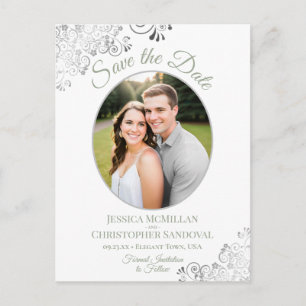 Silver Lace Sage White Wedding Save the Date Photo Aankondigingskaart