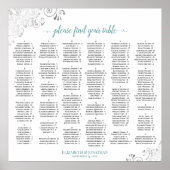 Silver Lace Teal Script Alphabetical Seating Chart Poster (Voorkant)