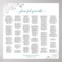 Silver Lace Teal Script Alphabetical Seating Chart Poster