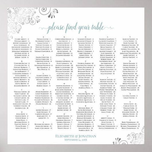 Silver Lace Teal Script Alphabetical Seating Chart Poster (Voorkant)