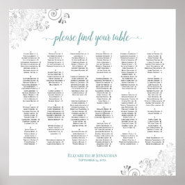 Silver Lace Teal Script Alphabetical Seating Chart Poster