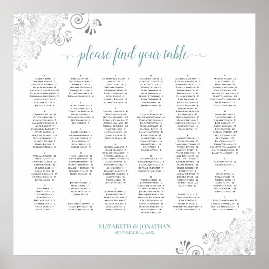 Silver Lace Teal Script Alphabetical Seating Chart Poster (Voorkant)