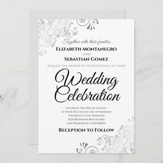 Silver Lacy Floral Filigree Simple Elegant Wedding Kaart (Voorkant / Achterkant)