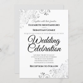 Silver Lacy Floral Filigree Simple Elegant Wedding Kaart
