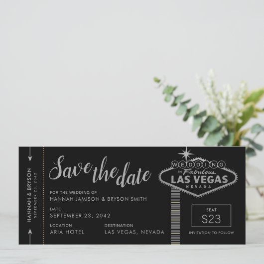 Silver Las Vegas Boarding Pass Save the Date Kaart (Staand voorkant)