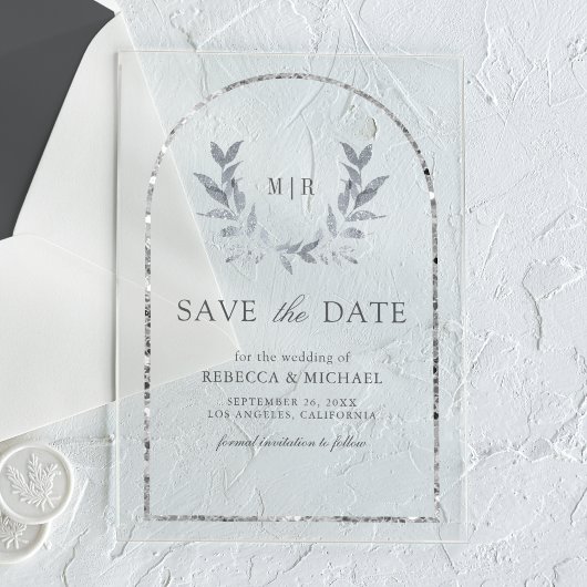 Silver Laurel Krans Leaves Wedding Save the Date Acryl Uitnodigingen