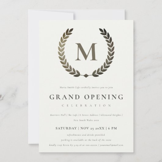 Silver Laurel Monogram  Grote Opening Invite Bedankkaart (Voorkant)