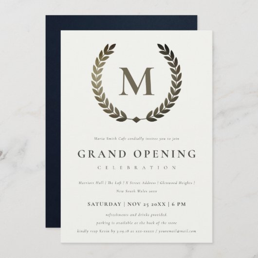 Silver Laurel Monogram Grote Opening Invite Bedankkaart (Voorkant / Achterkant)