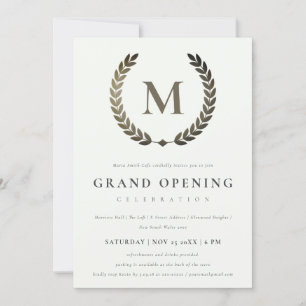 Silver Laurel Monogram  Grote Opening Invite Bedankkaart