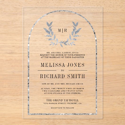 Silver Laurel Wreath Leaves Wedding Acryl Uitnodigingen (Voorkant)