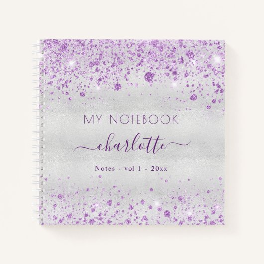 Silver lavendel glitter paarse naam script notitieboek (Voorkant)