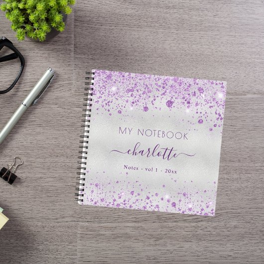 Silver lavendel glitter paarse naam script notitieboek