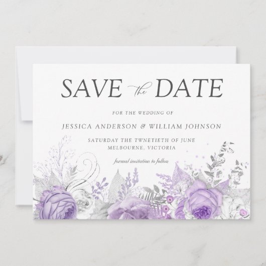 Silver & Lavender Enchanted Floral Wedding Save The Date (Voorkant)