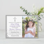 Silver Lavender Paars First Communtion Foto Kaart (Staand voorkant)
